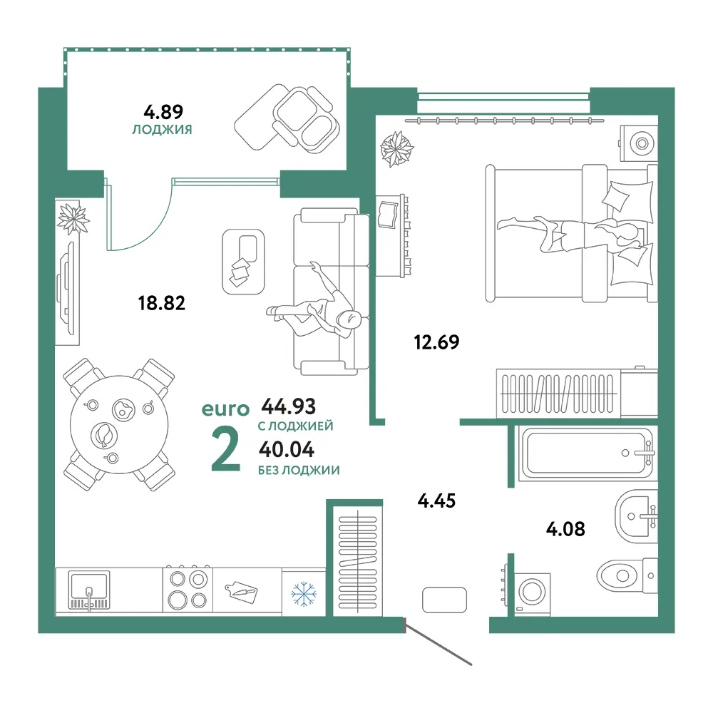Планировка: Сердце Сибири 2-комнатная 44,93м²