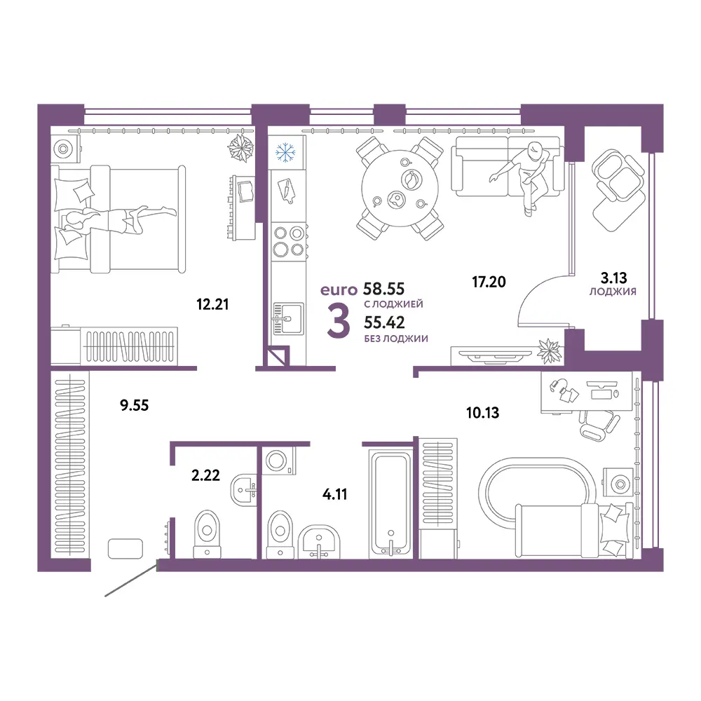Планировка: Сердце Сибири 3-комнатная 58,55м²