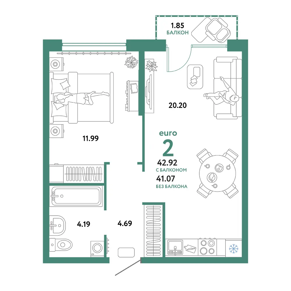 Планировка: Сердце Сибири 2-комнатная 42,92м²