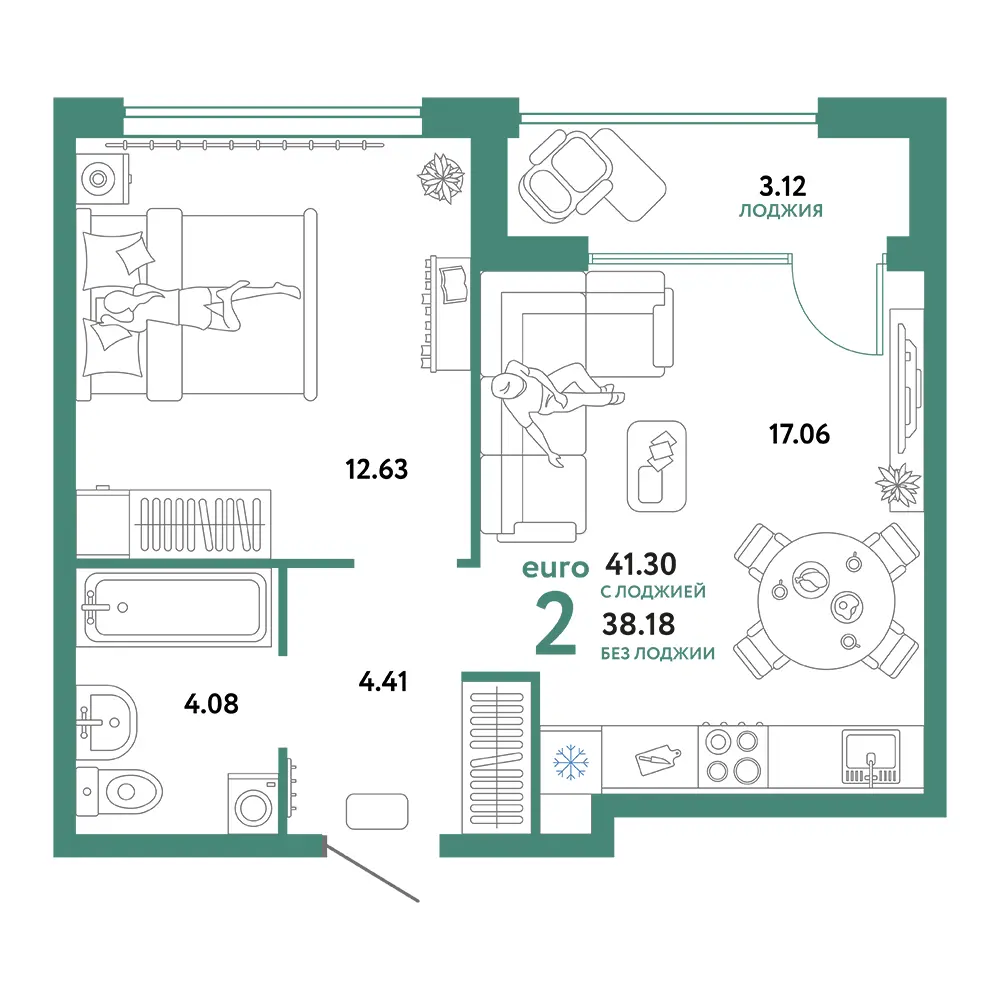 Планировка: Сердце Сибири 2-комнатная 41,30м²