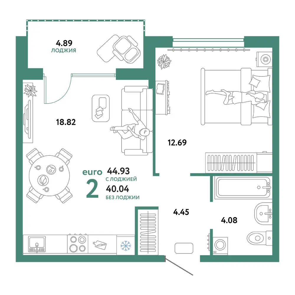 Планировка: Сердце Сибири 2-комнатная 44,93м²