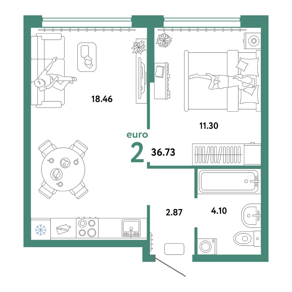 Планировка: Сердце Сибири 2-комнатная 36,73м²