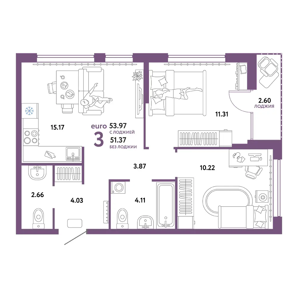 Планировка: Сердце Сибири 3-комнатная 53,97м²
