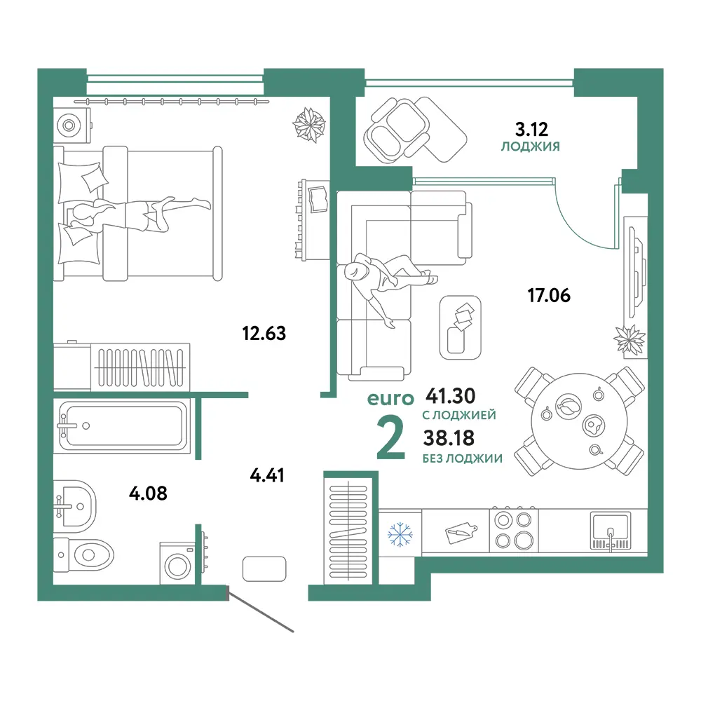 Планировка: Сердце Сибири 2-комнатная 41,30м²