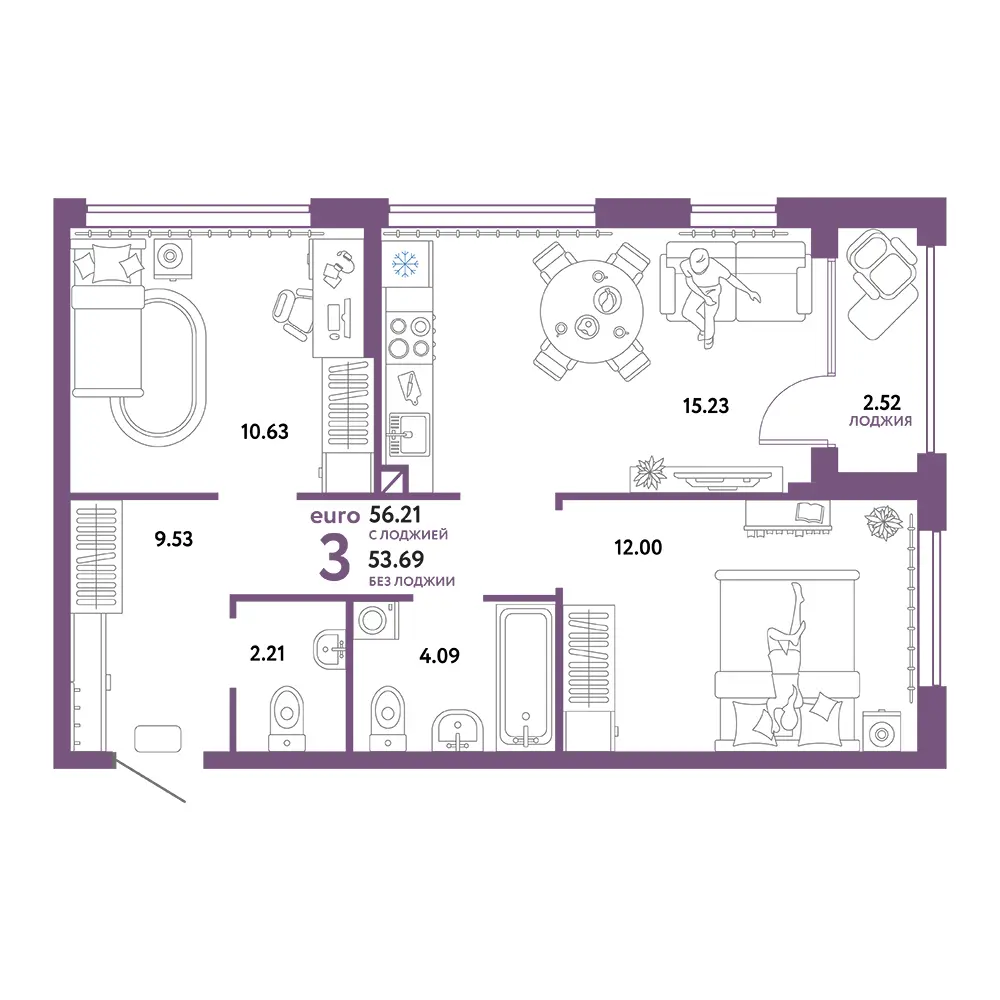 Планировка: Сердце Сибири 3-комнатная 56,21м²