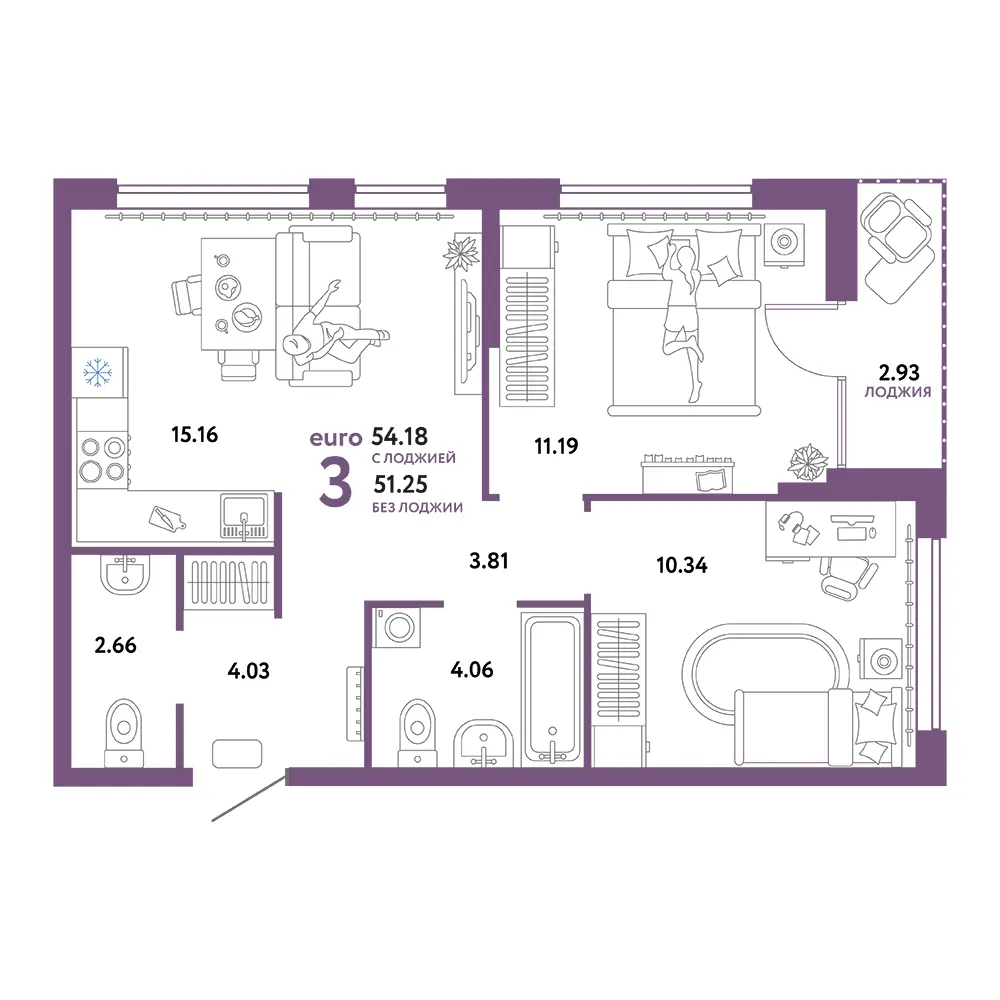 Планировка: Сердце Сибири 3-комнатная 54,18м²