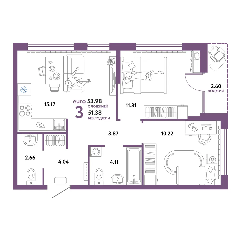 Планировка: Сердце Сибири 3-комнатная 53,98м²