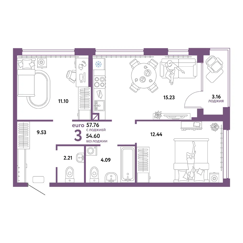 Планировка: Сердце Сибири 3-комнатная 57,76м²