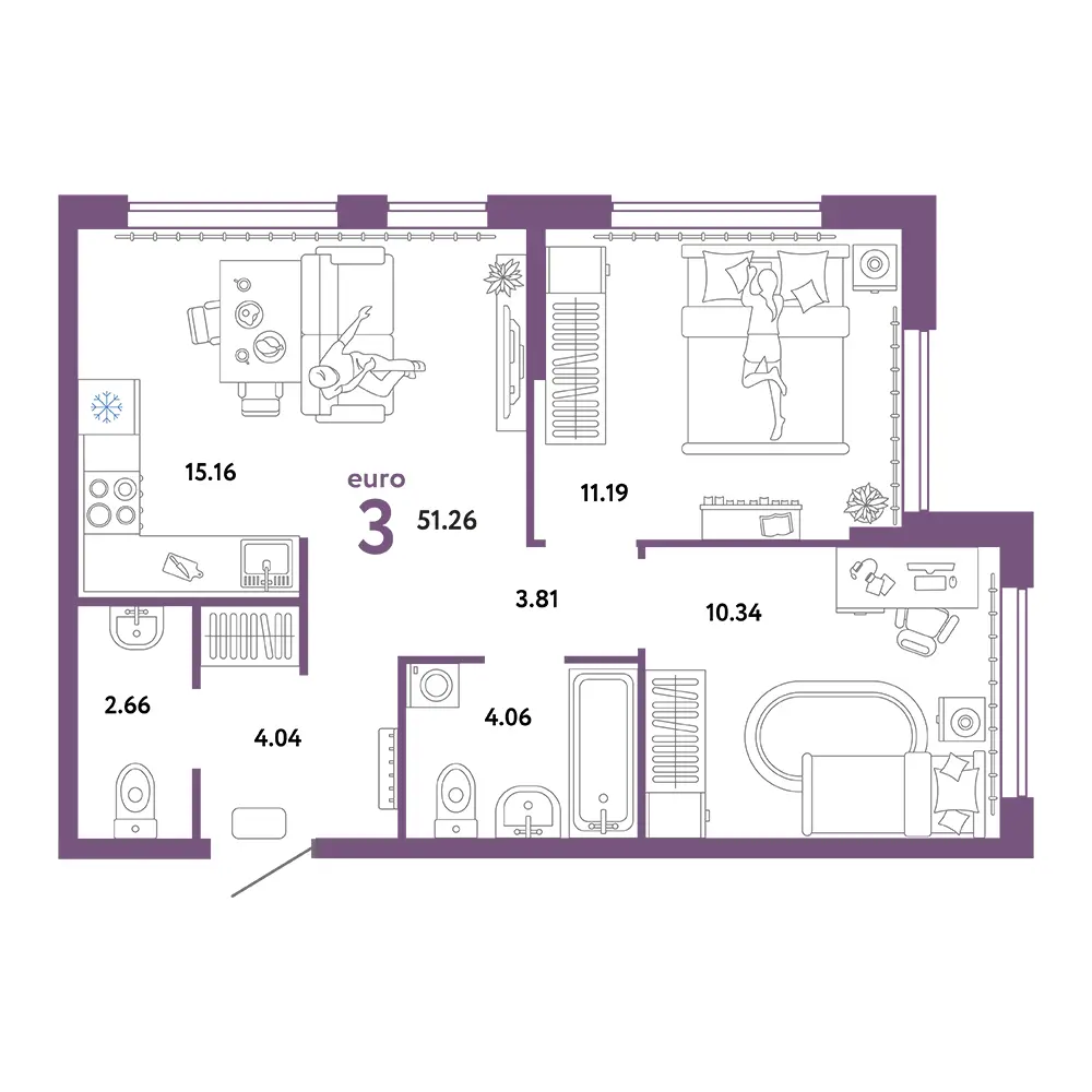Планировка: Сердце Сибири 3-комнатная 51,26м²