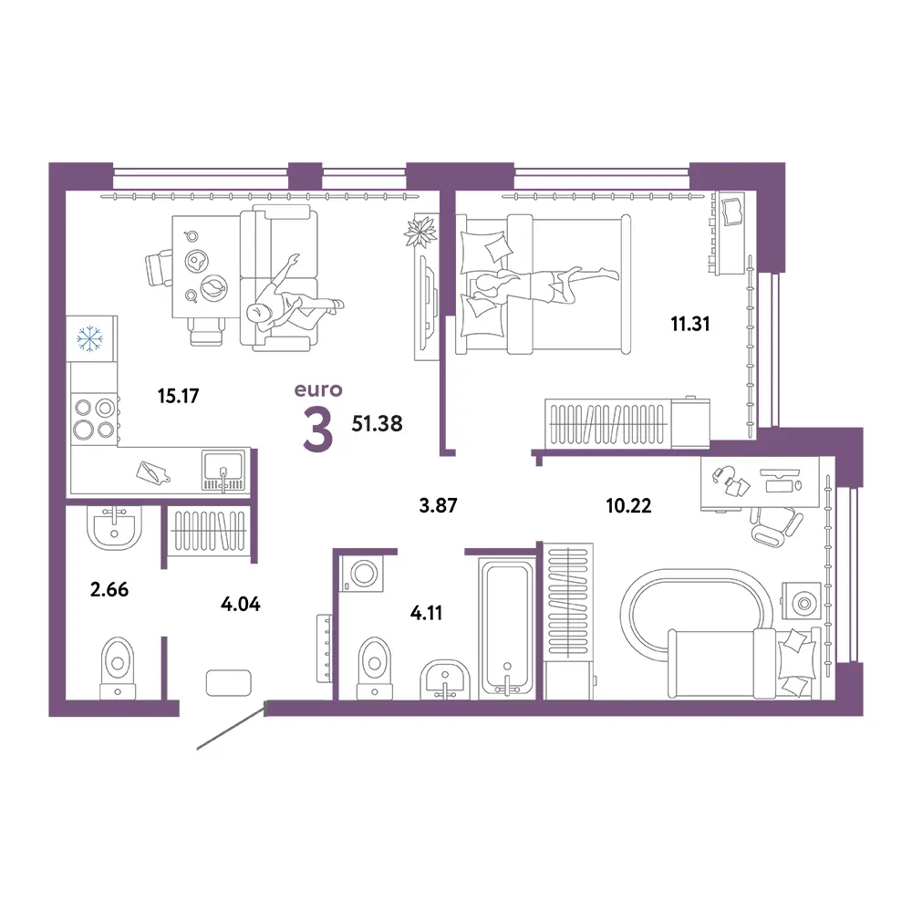Планировка: Сердце Сибири 3-комнатная 51,38м²