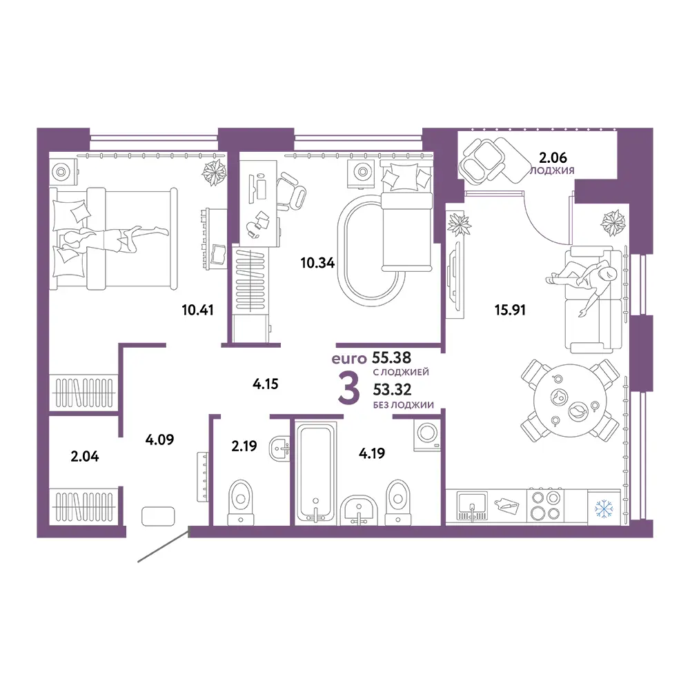 Планировка: Сердце Сибири 3-комнатная 55,38м²