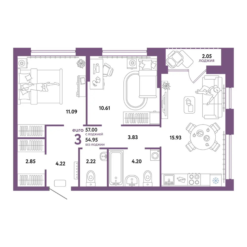 Планировка: Сердце Сибири 3-комнатная 57,00м²