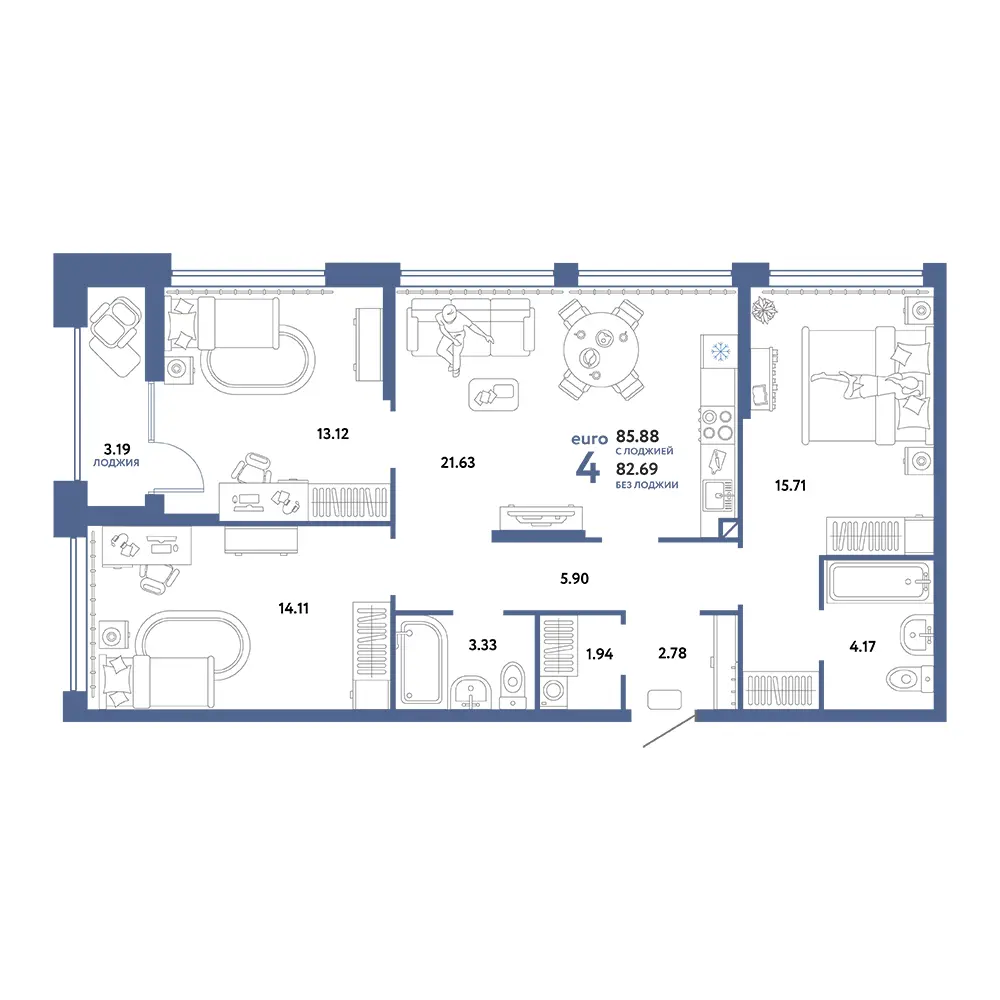Планировка: Сердце Сибири 4-комнатная 85,88м²