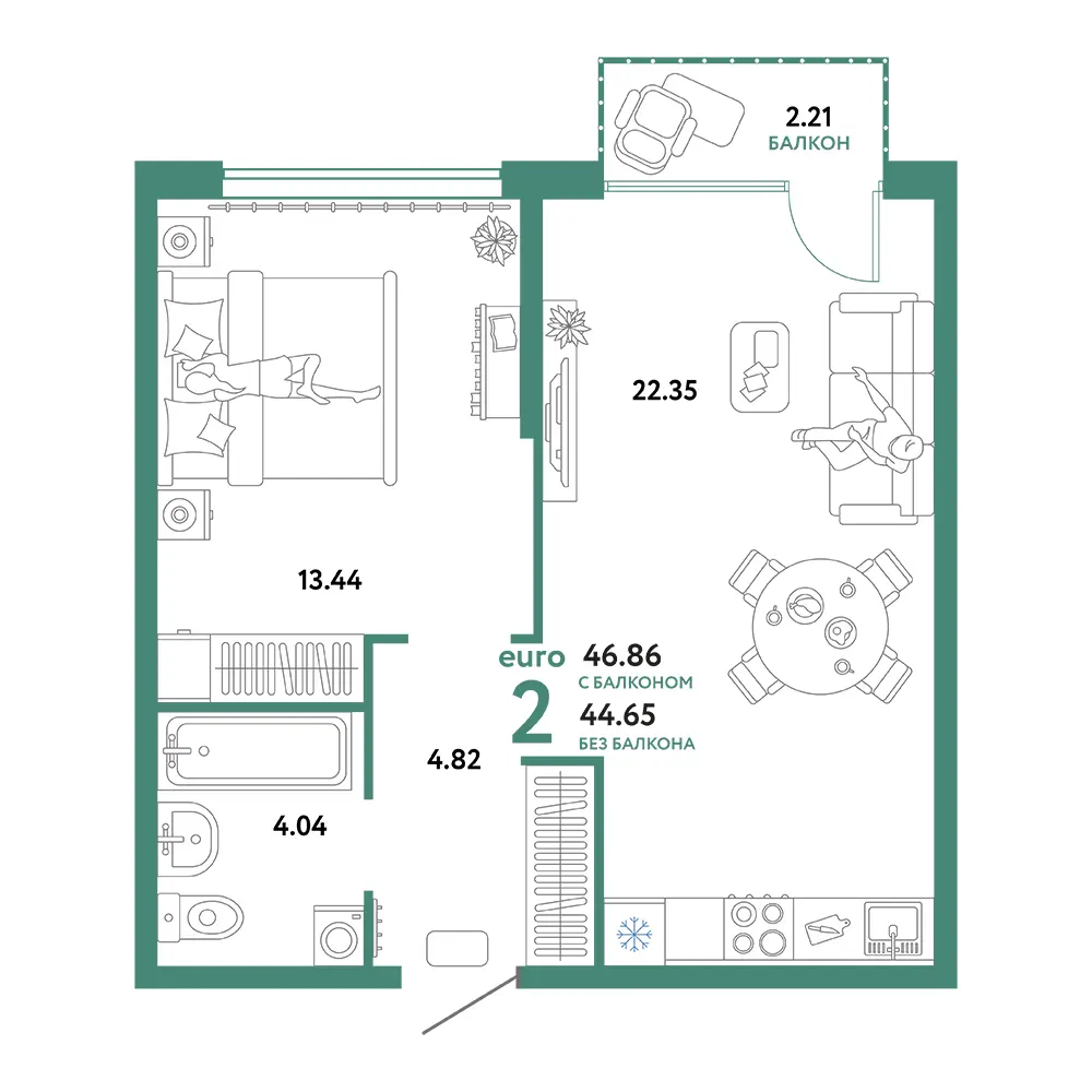 Планировка: Сердце Сибири 2-комнатная 46,86м²