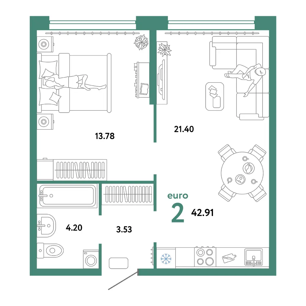 Планировка: Сердце Сибири 2-комнатная 42,91м²