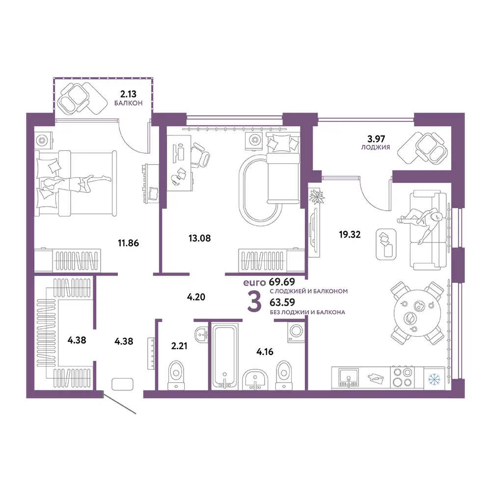 Планировка: Сердце Сибири 3-комнатная 69,69м²
