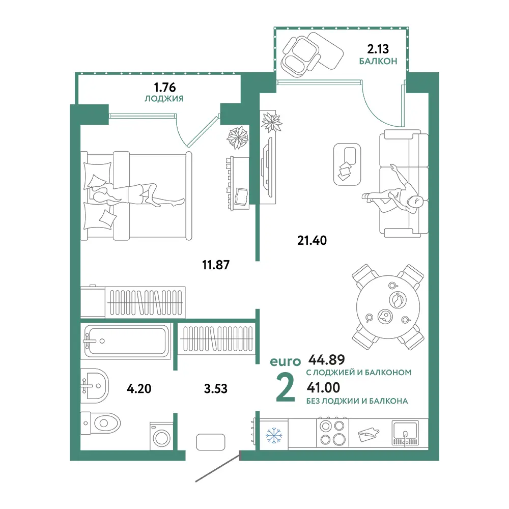 Планировка: Сердце Сибири 2-комнатная 44,89м²