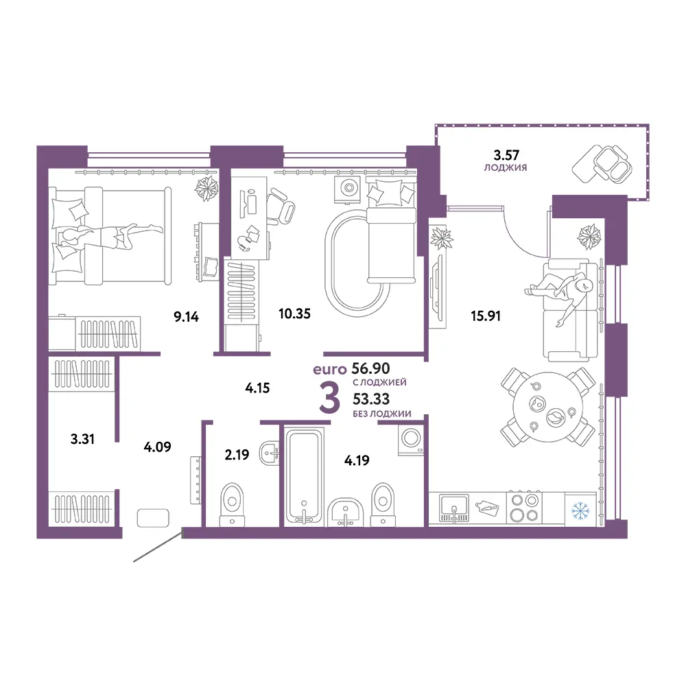 Планировка: Сердце Сибири 3-комнатная 56,90м²