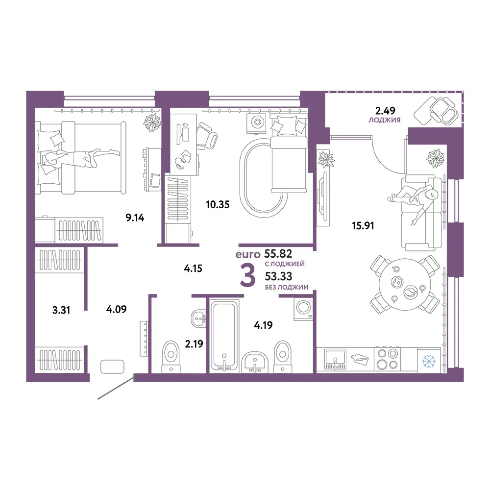 Планировка: Сердце Сибири 3-комнатная 55,82м²