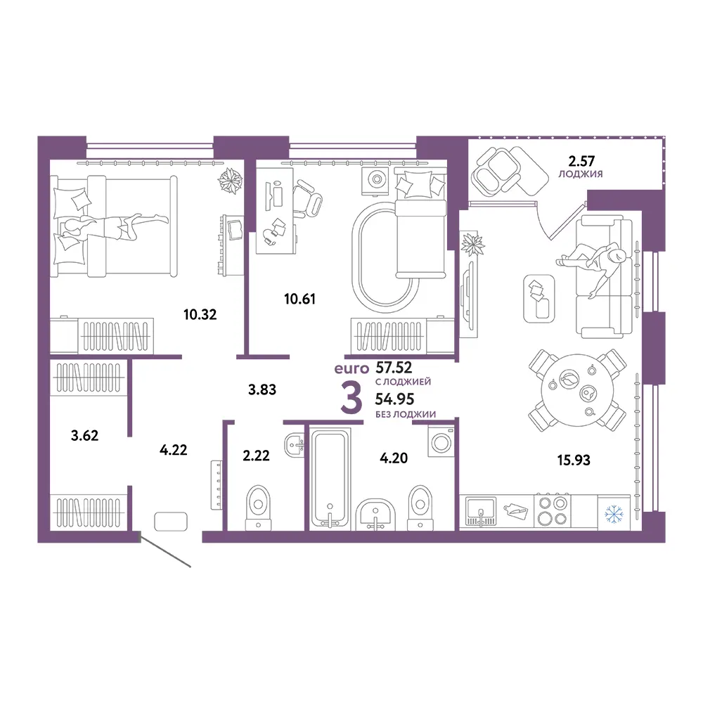 Планировка: Сердце Сибири 3-комнатная 57,52м²