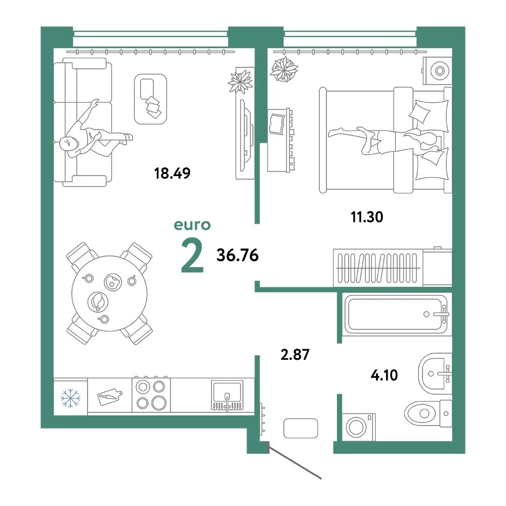 Планировка: Сердце Сибири 2-комнатная 36,76м²