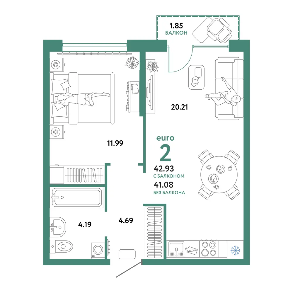 Планировка: Сердце Сибири 2-комнатная 42,93м²