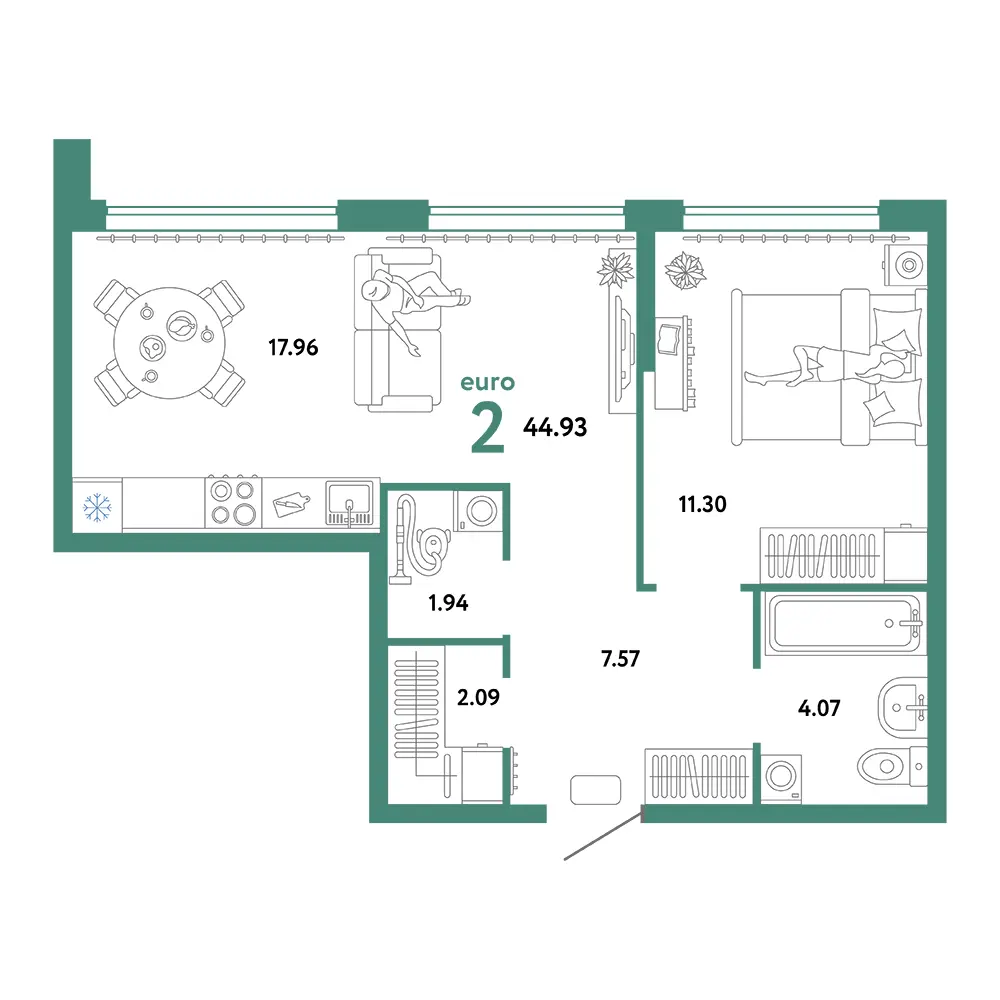 Планировка: Сердце Сибири 2-комнатная 44,93м²