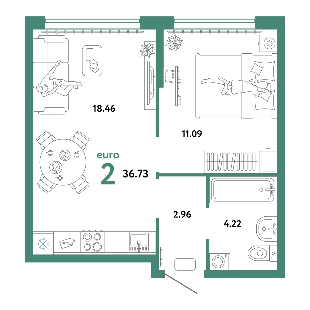 Планировка: Сердце Сибири 2-комнатная 36,73м²