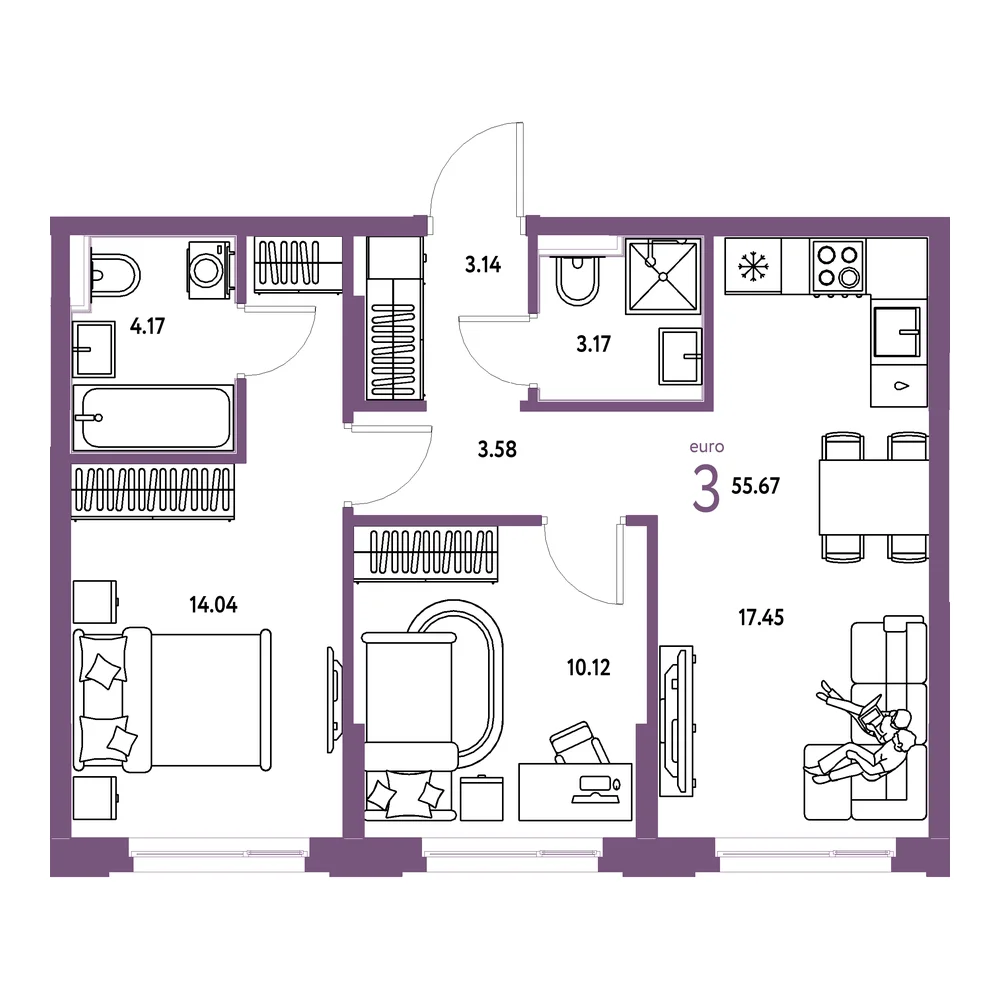 Планировка: Сердце Сибири 3-комнатная 55,67м²