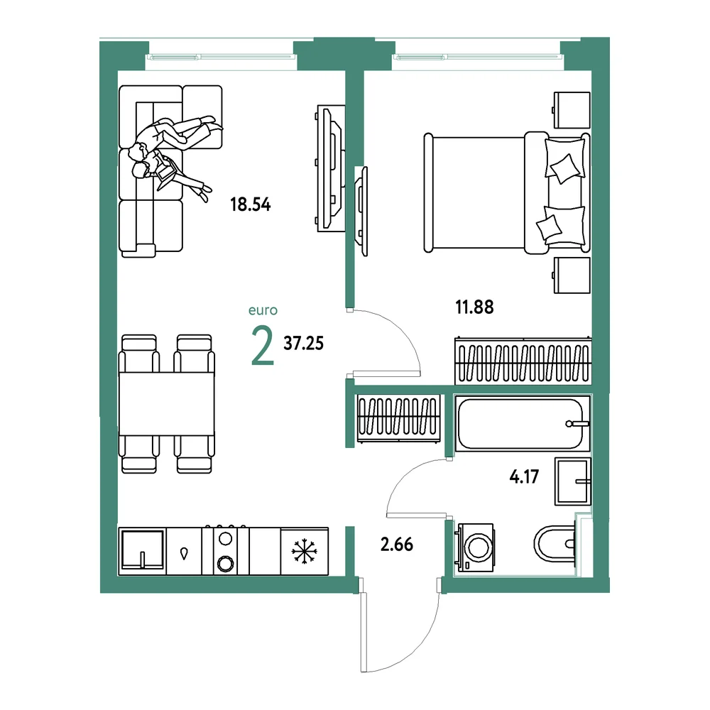 Планировка: Сердце Сибири 2-комнатная 37,25м²