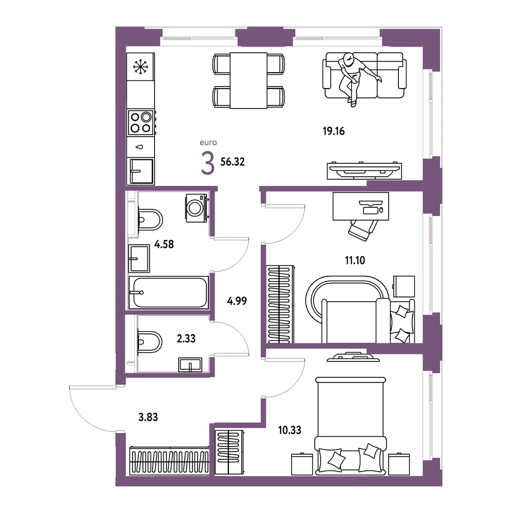 Планировка: Сердце Сибири 3-комнатная 56,32м²