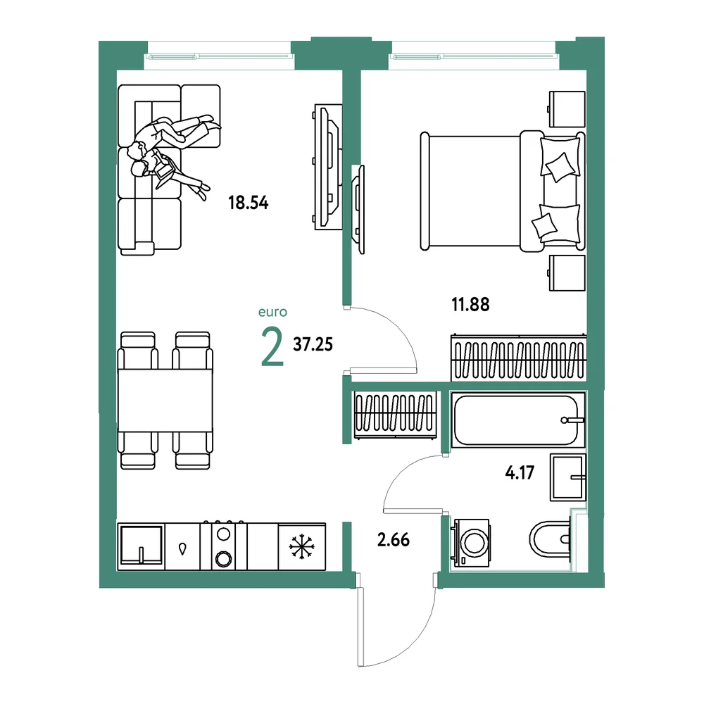 Планировка: Сердце Сибири 2-комнатная 37,25м²