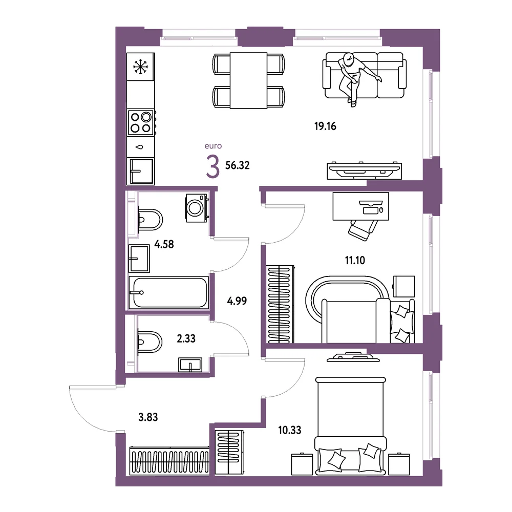 Планировка: Сердце Сибири 3-комнатная 56,32м²