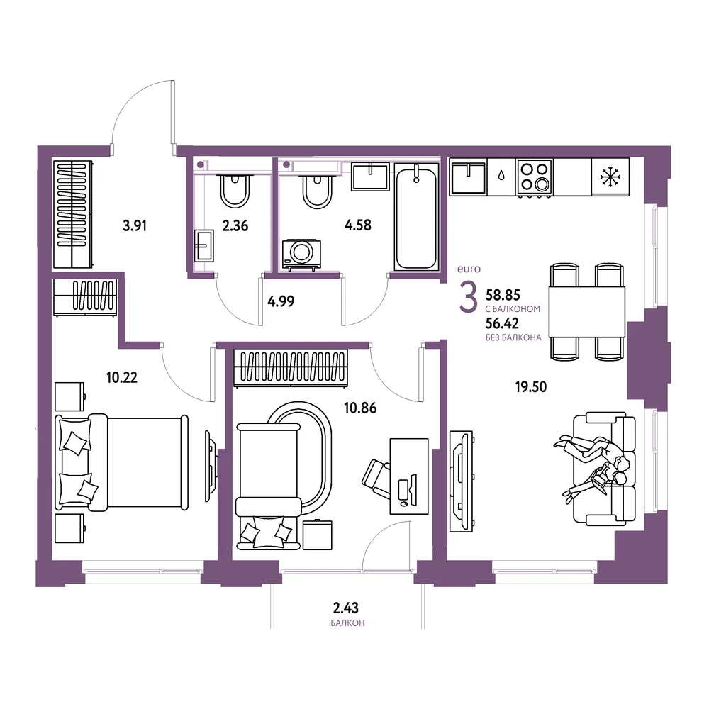 Планировка: Сердце Сибири 3-комнатная 58,85м²