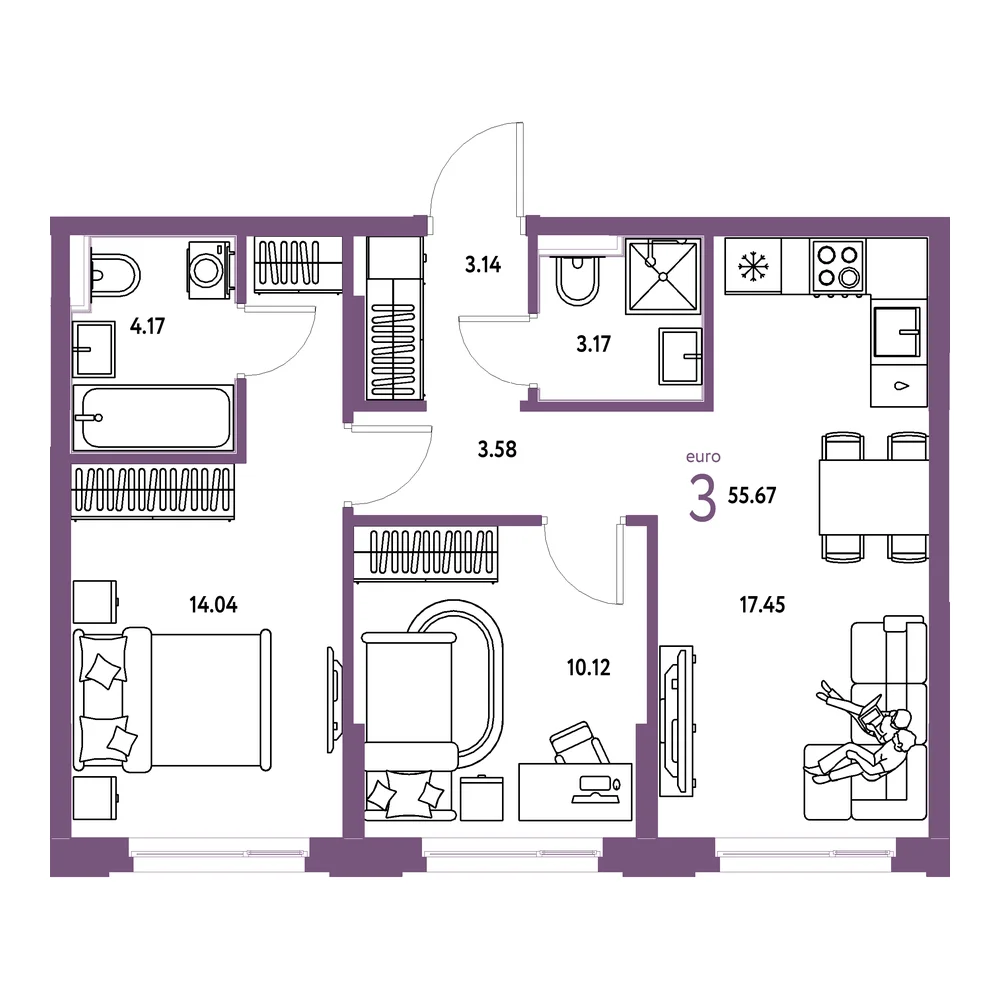 Планировка: Сердце Сибири 3-комнатная 55,67м²