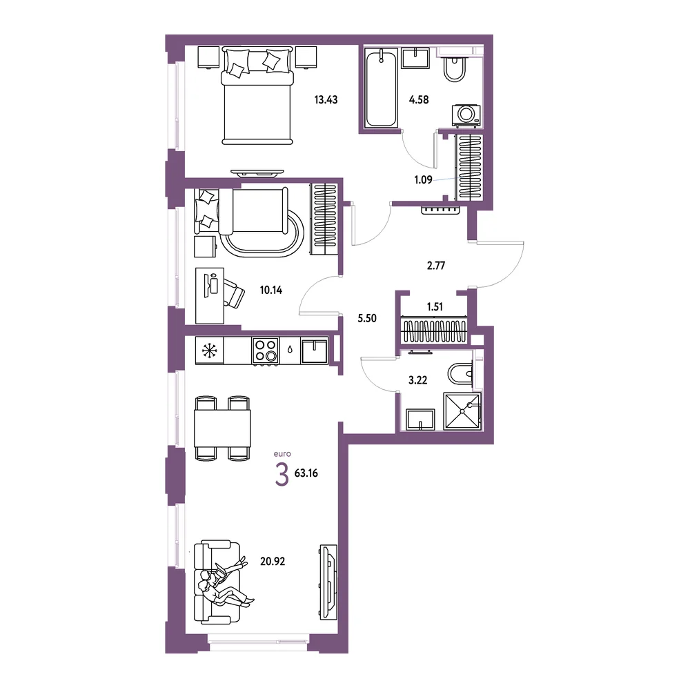 Планировка: Сердце Сибири 3-комнатная 63,16м²