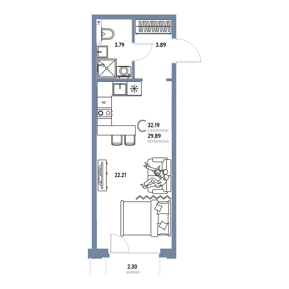 Планировка: Сердце Сибири Студия 32,19м²