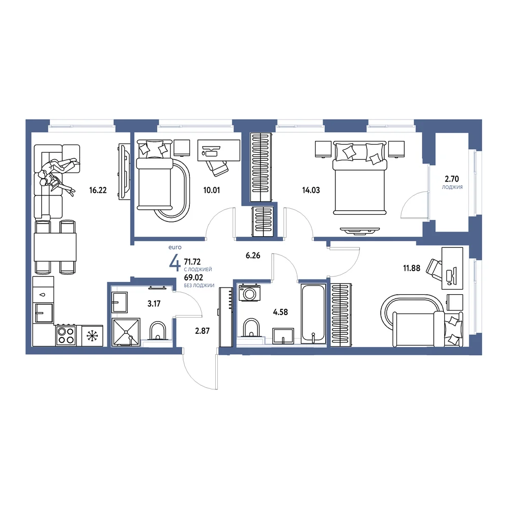 Планировка: Сердце Сибири 4-комнатная 71,72м²