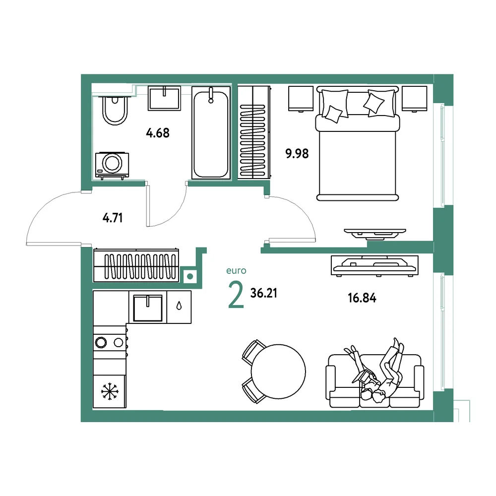 Планировка: Сердце Сибири 2-комнатная 36,21м²