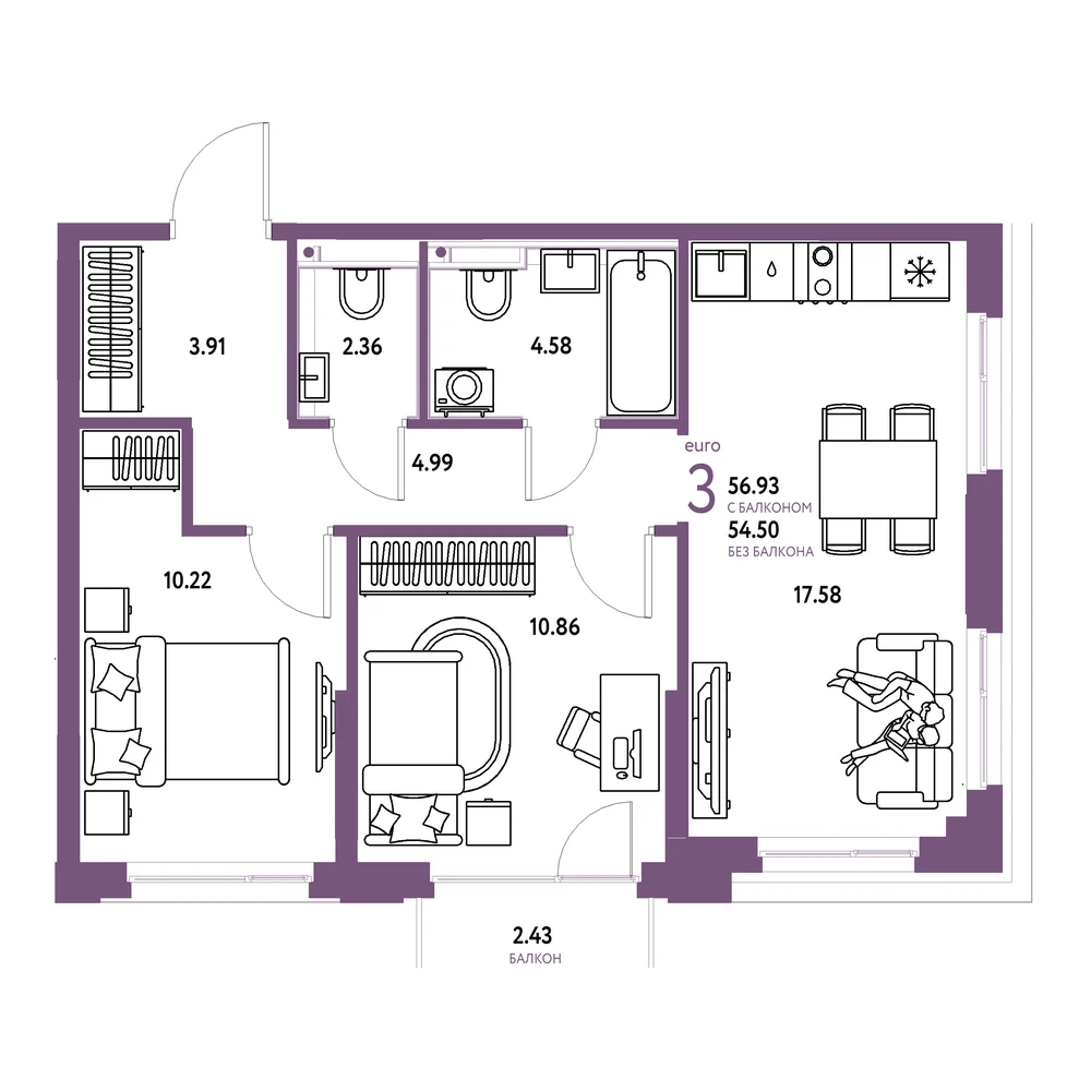 Планировка: Сердце Сибири 3-комнатная 56,93м²
