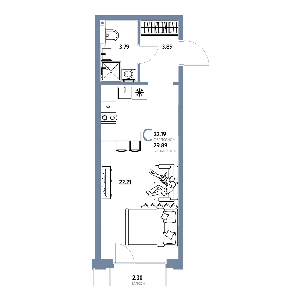 Планировка: Сердце Сибири Студия 32,19м²