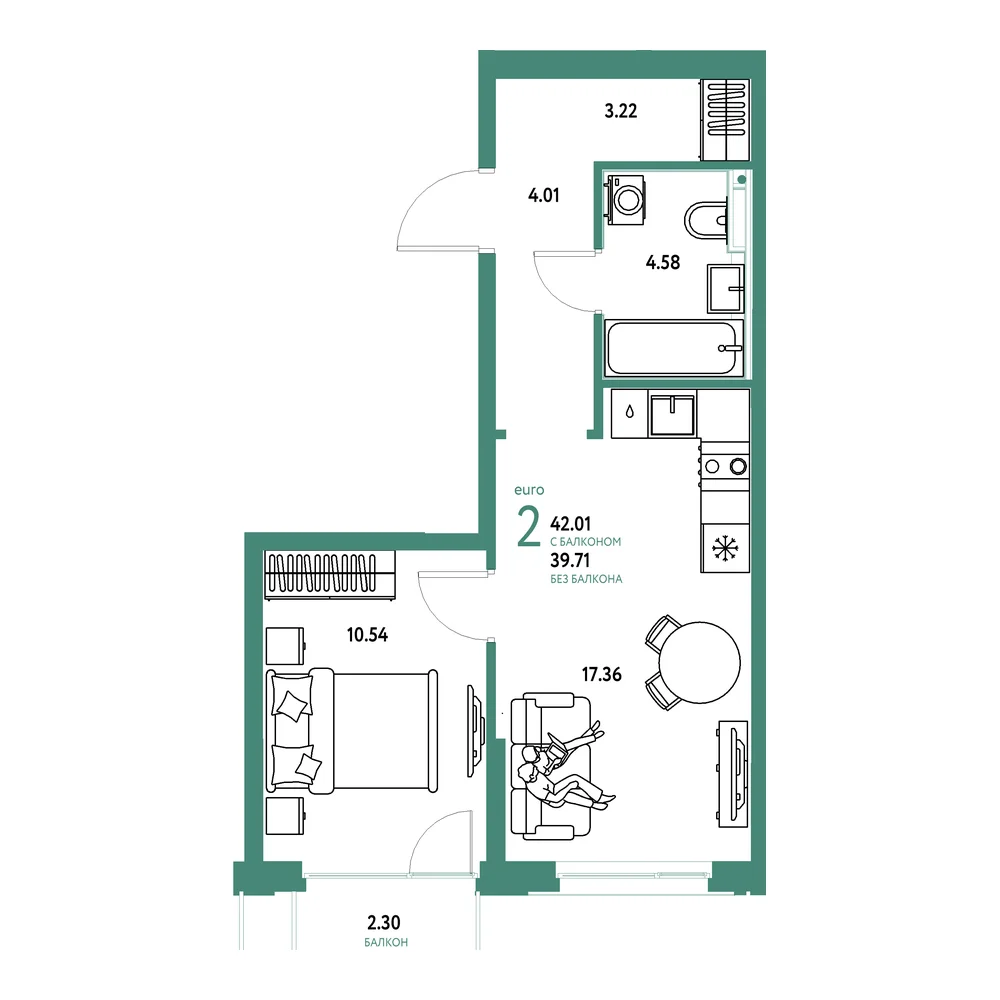Планировка: Сердце Сибири 2-комнатная 42,01м²