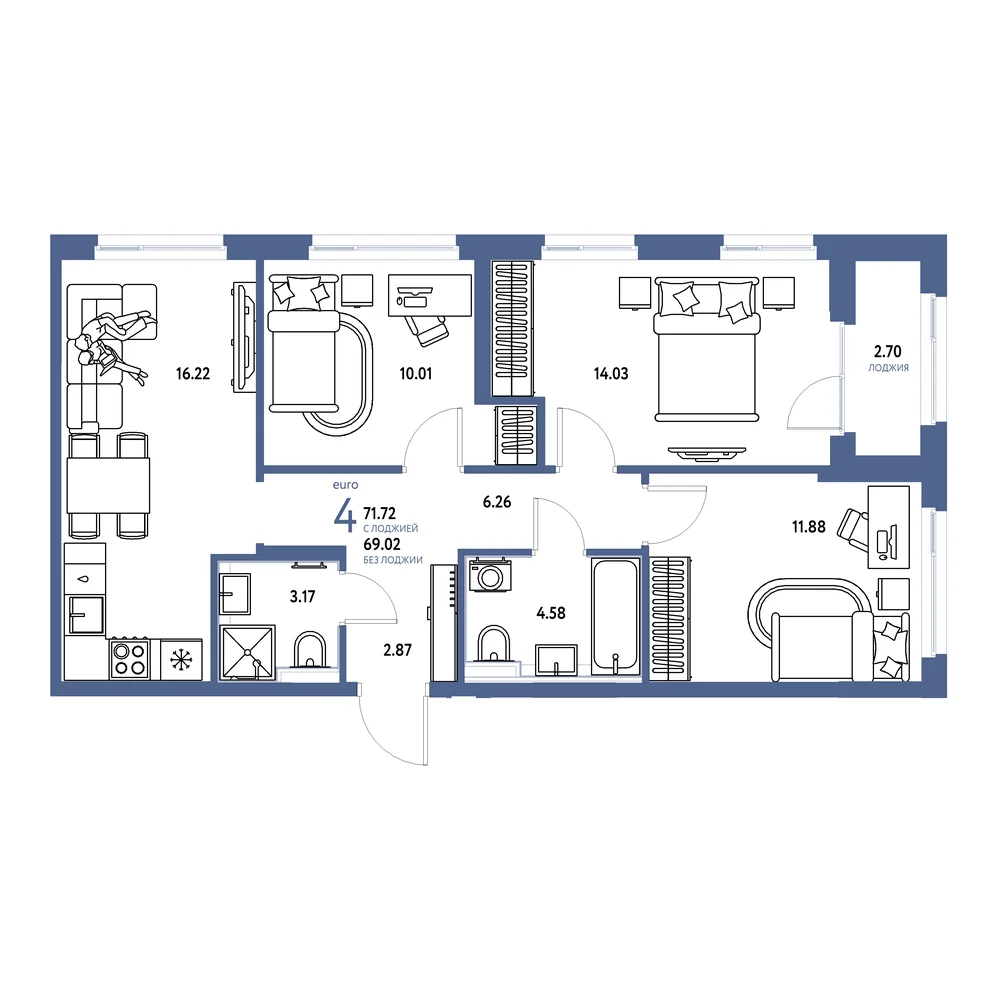 Планировка: Сердце Сибири 4-комнатная 71,72м²