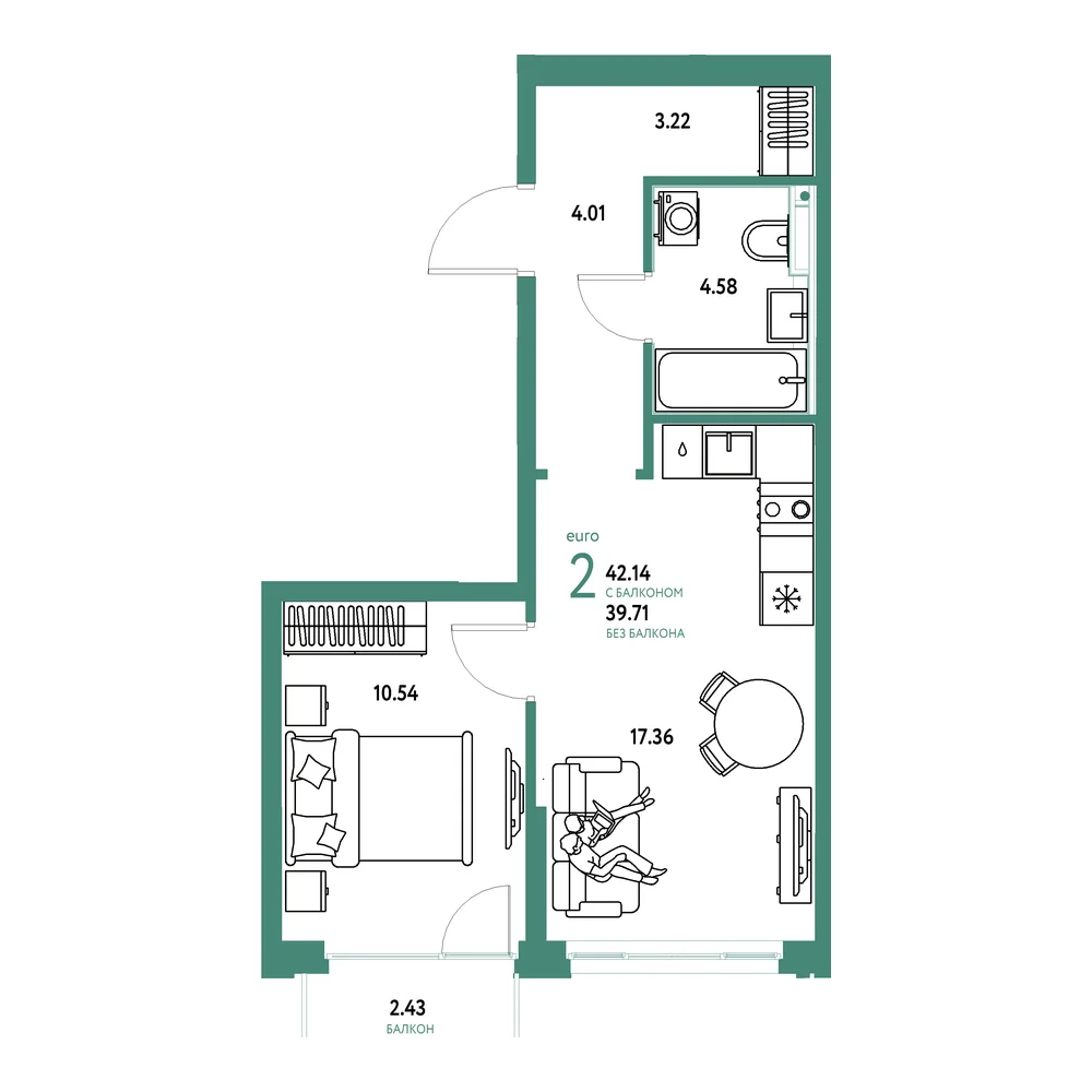 Планировка: Сердце Сибири 2-комнатная 42,14м²