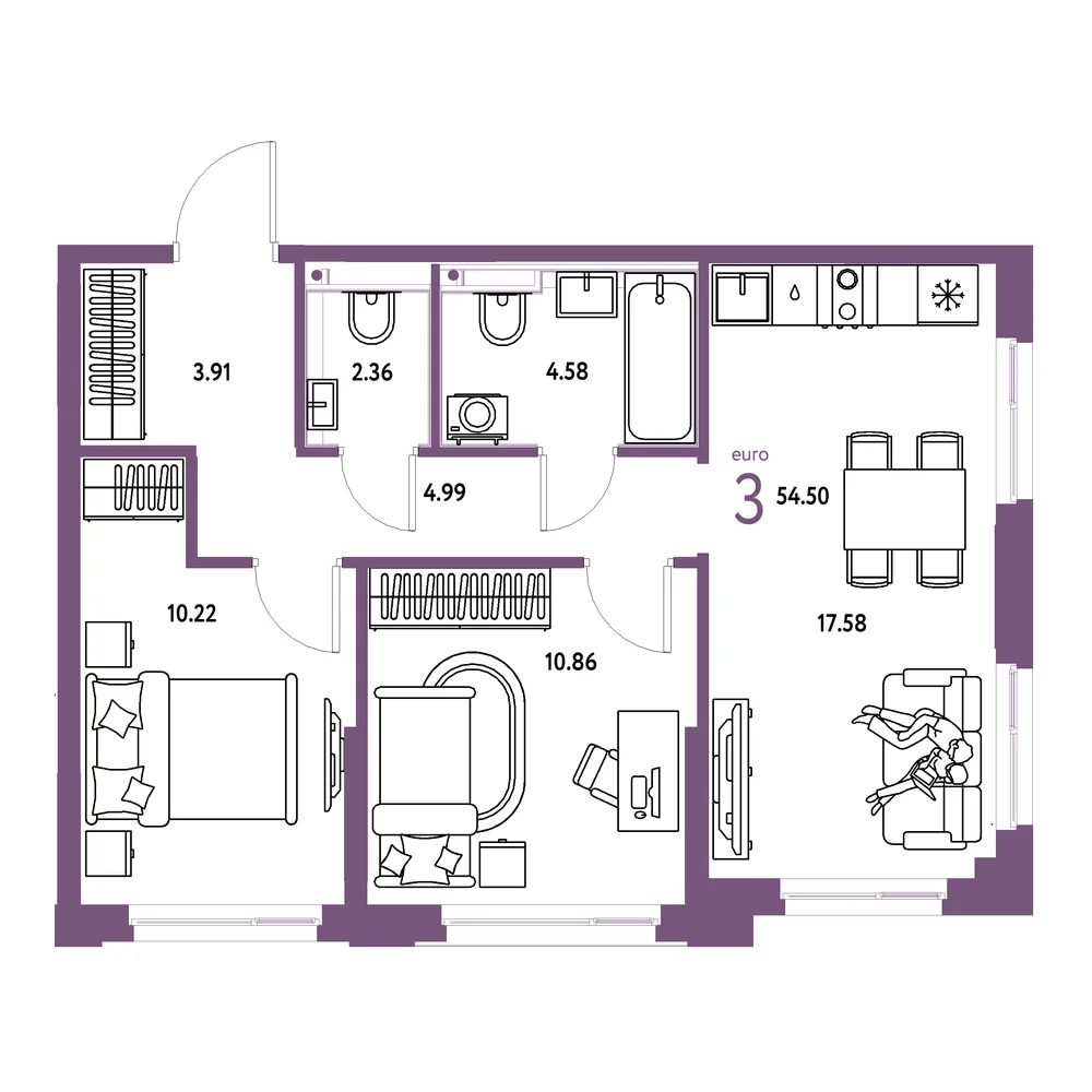 Планировка: Сердце Сибири 3-комнатная 54,50м²