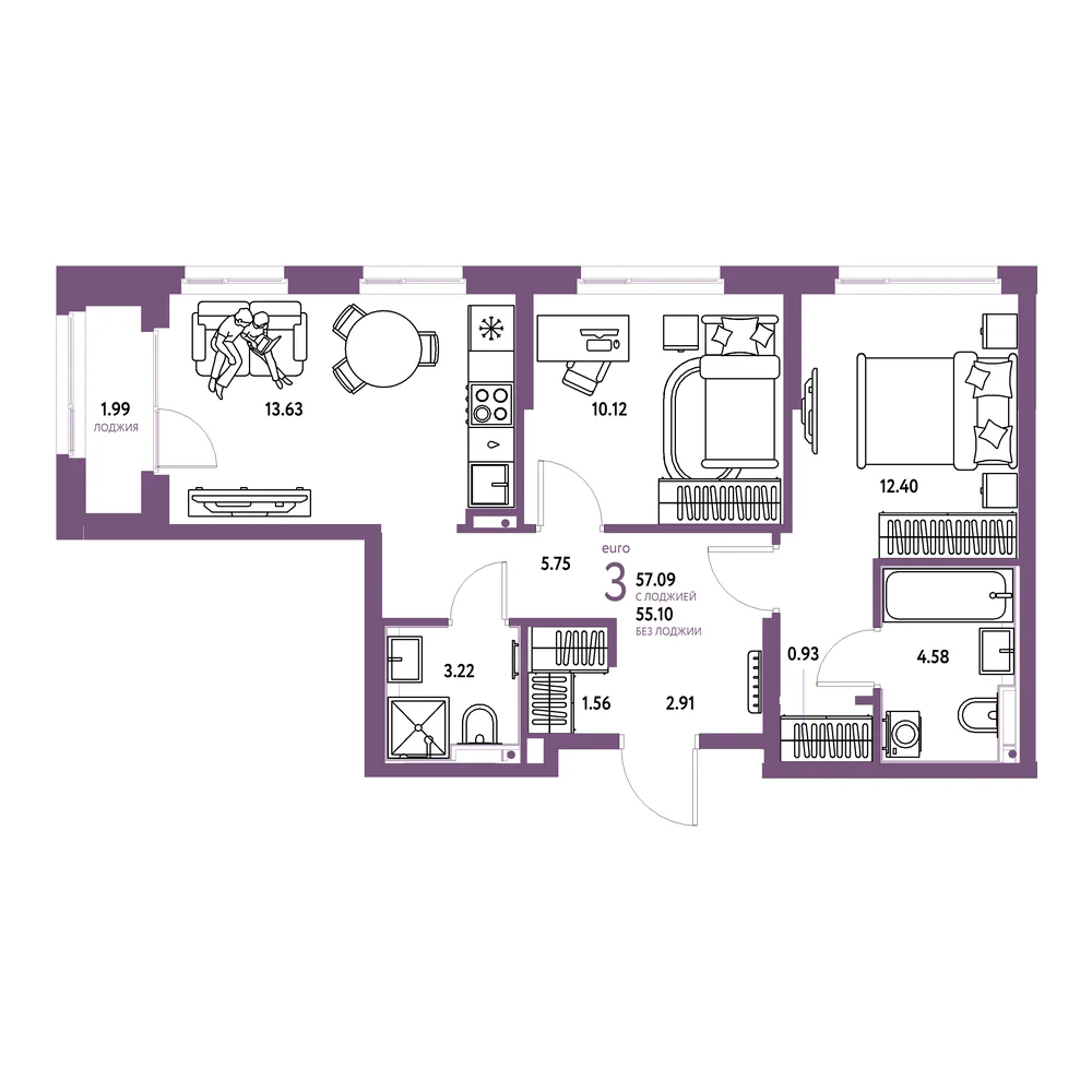 Планировка: Сердце Сибири 3-комнатная 57,09м²