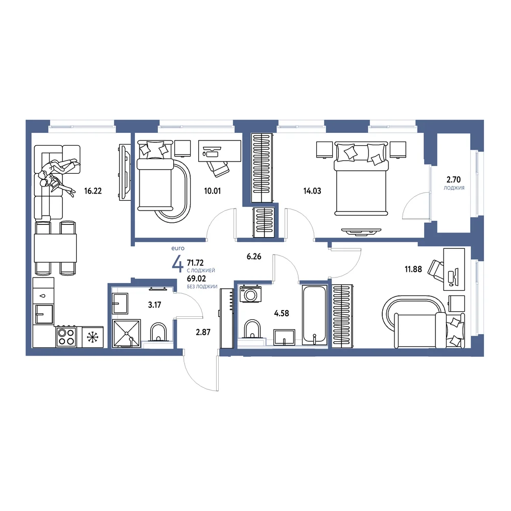 Планировка: Сердце Сибири 4-комнатная 71,72м²