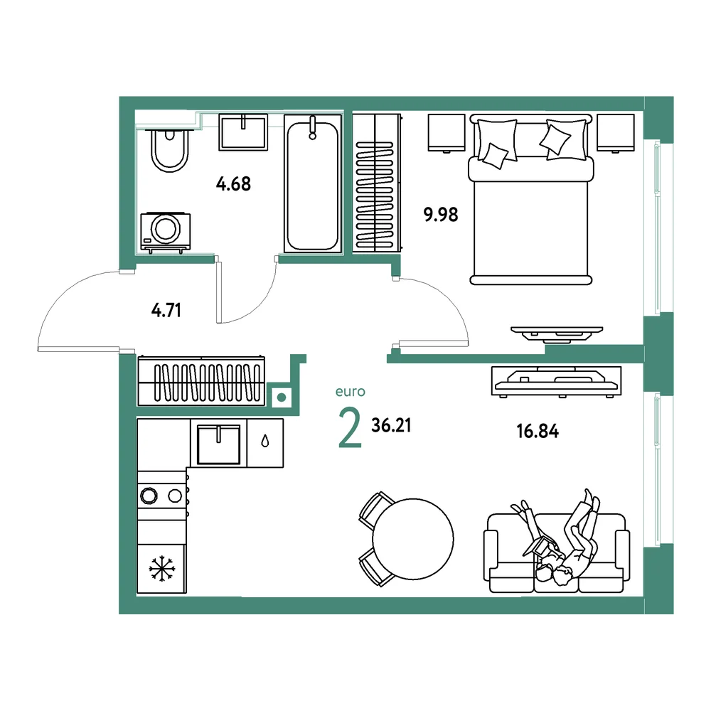 Планировка: Сердце Сибири 2-комнатная 36,21м²