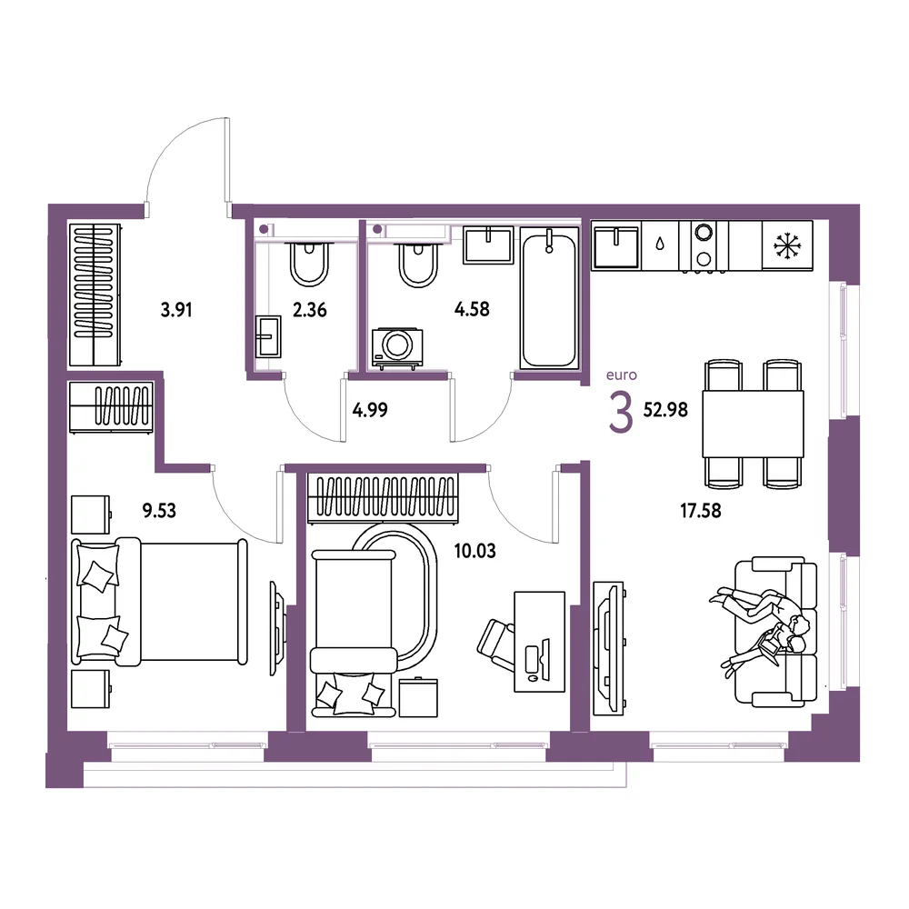 Планировка: Сердце Сибири 3-комнатная 52,98м²