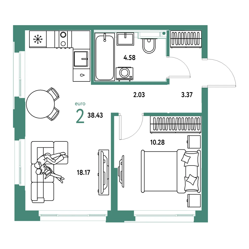 Планировка: Сердце Сибири 2-комнатная 38,43м²